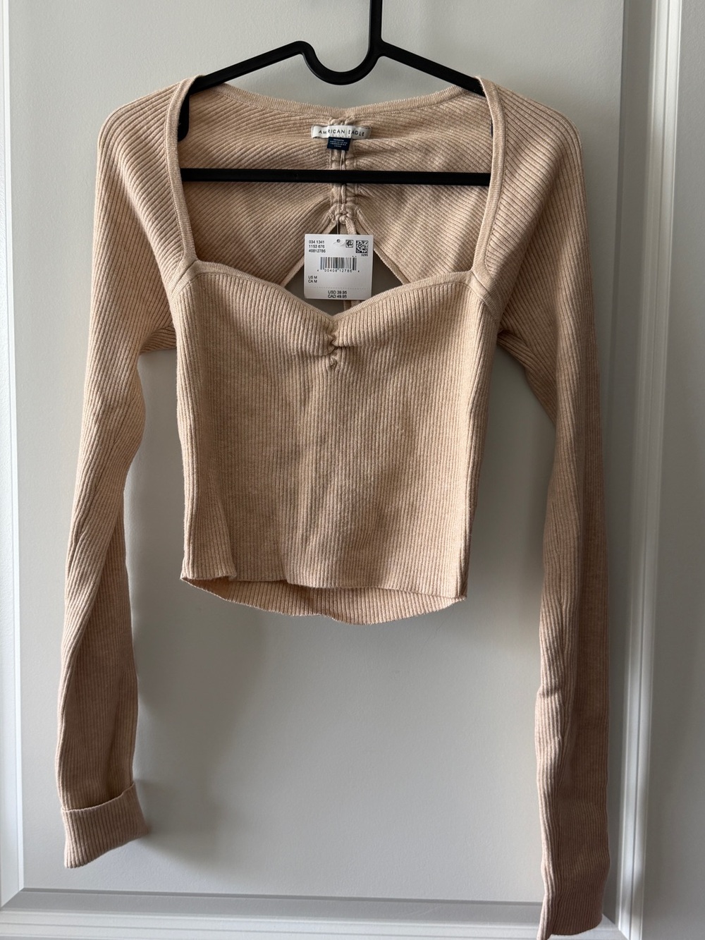 American Eagle Outfitters Beige Ribbed Square-Neck Long Sleeve Crop Top